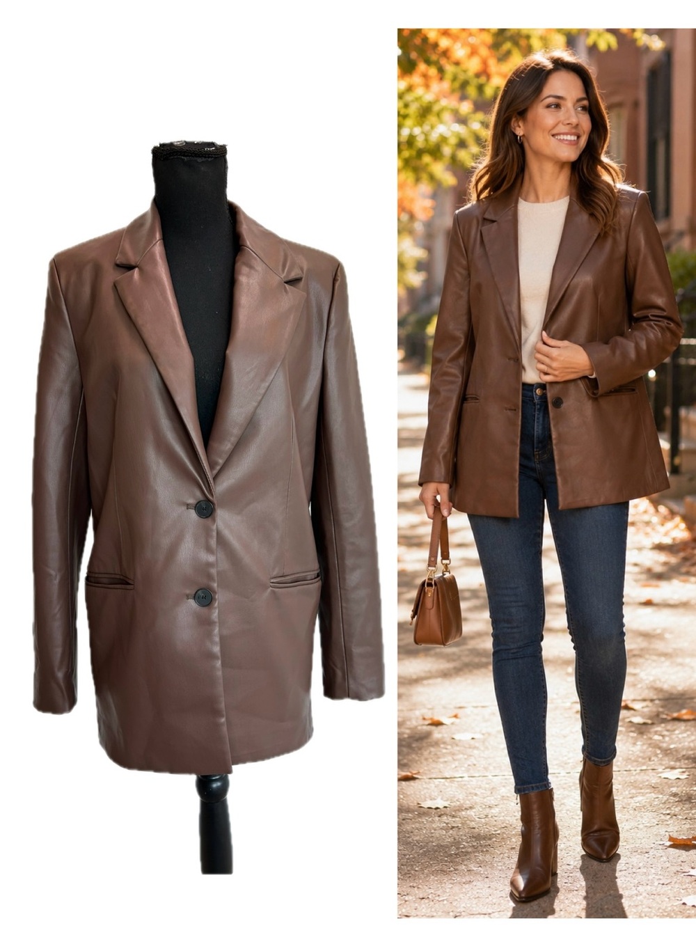 ZARA Brown Faux Leather Pleather oversized single breasted Blazer Jacket Sz XS